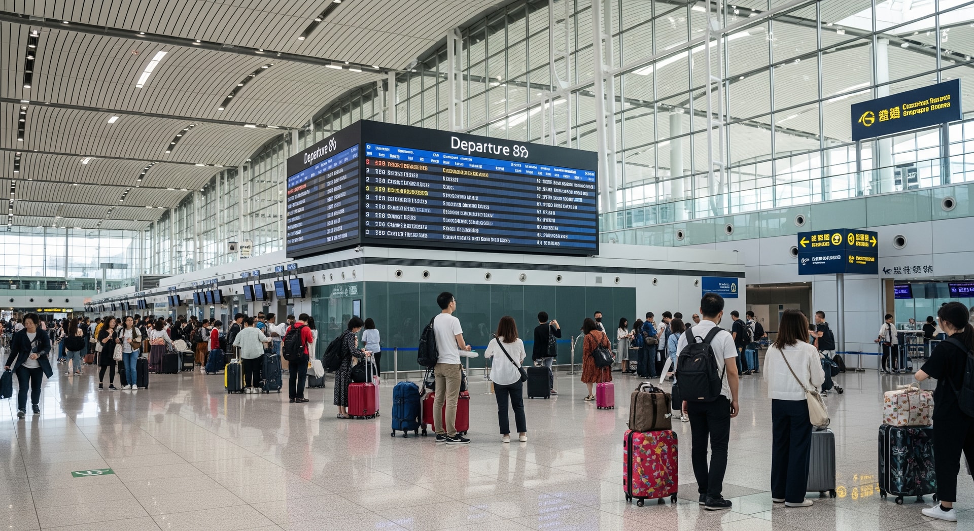 Passengers at a busy Asian airport departure hall amid flight disruptions