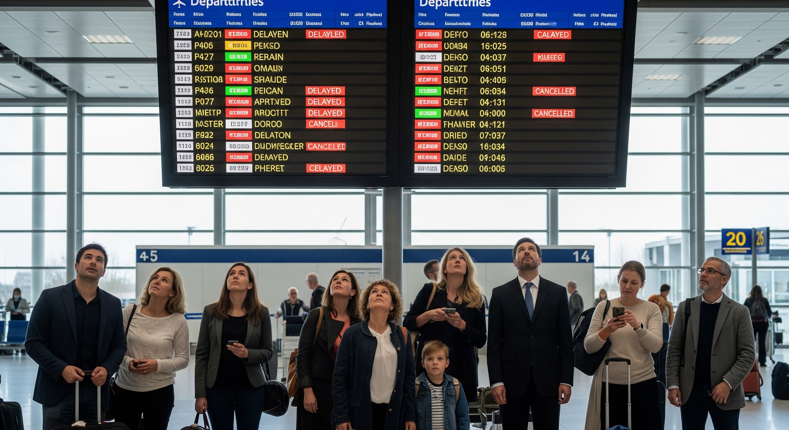 Passengers checking flight status at an airport departure board showing multiple delays and cancellations