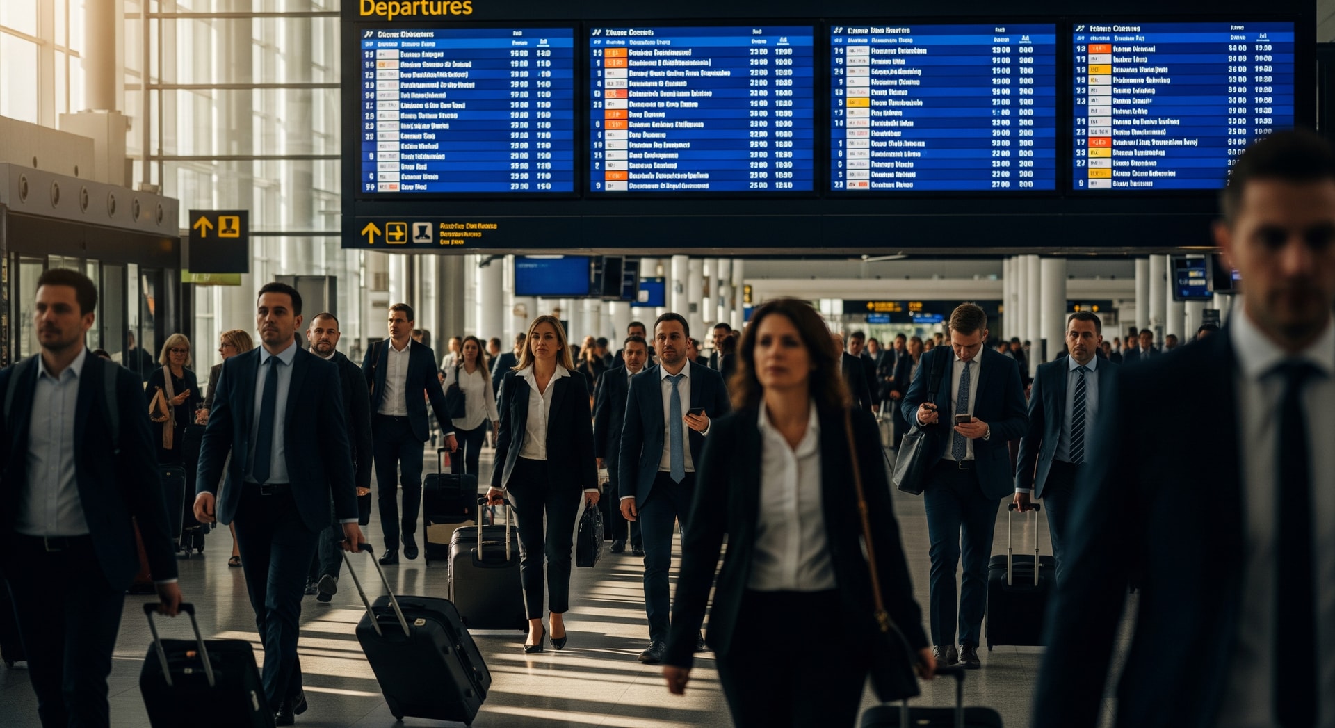 Business travelers walking through an airport terminal with airline departure boards in the background