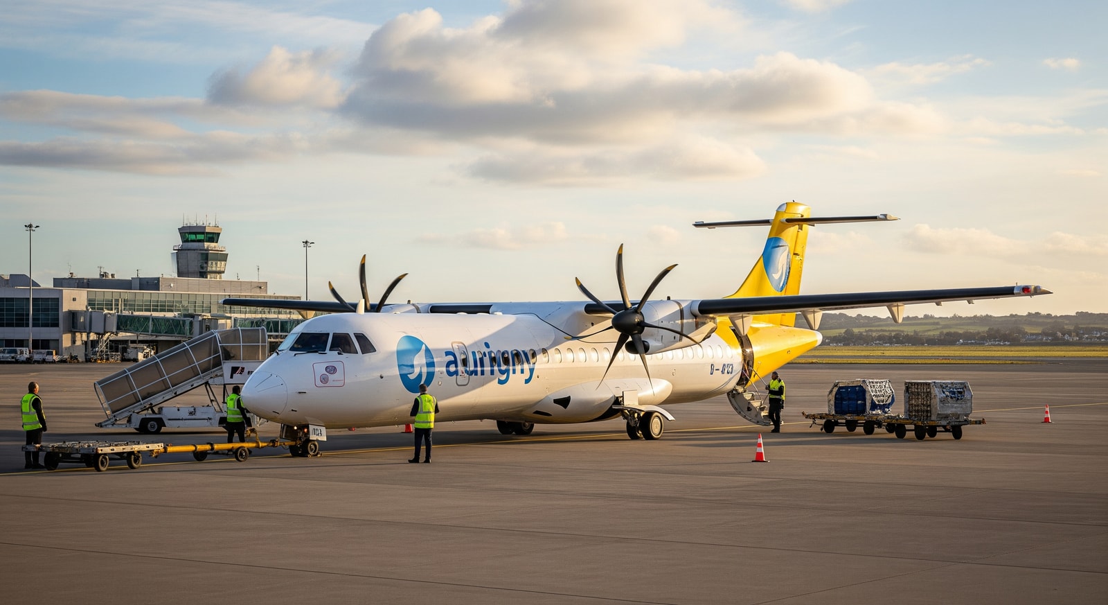A regional turboprop aircraft preparing for departure, illustrating Aurigny Airlines ATR 72 operations on the Guernsey–Paris route