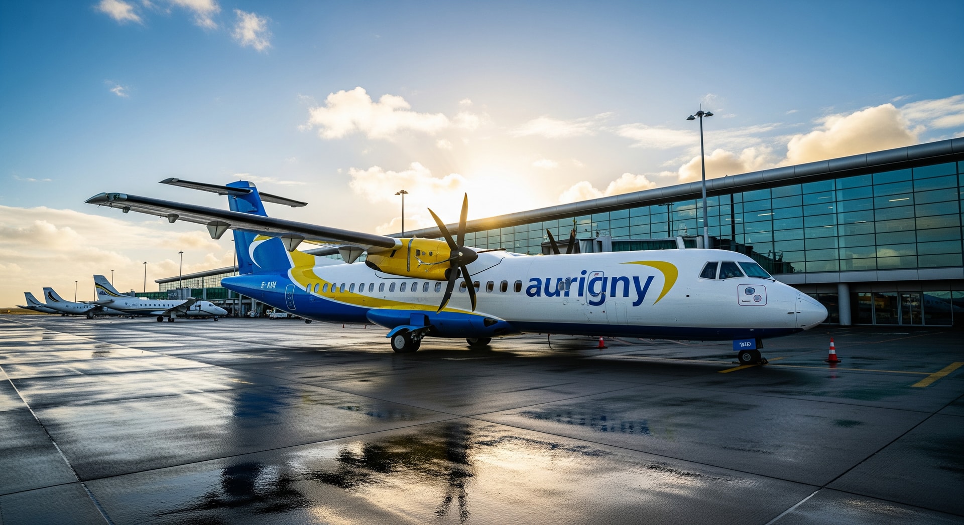 An Aurigny Airlines aircraft on the tarmac with airport terminal buildings in the background