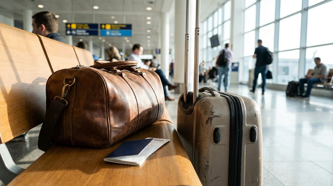 Passport and boarding pass placed beside luggage in an airport terminal
