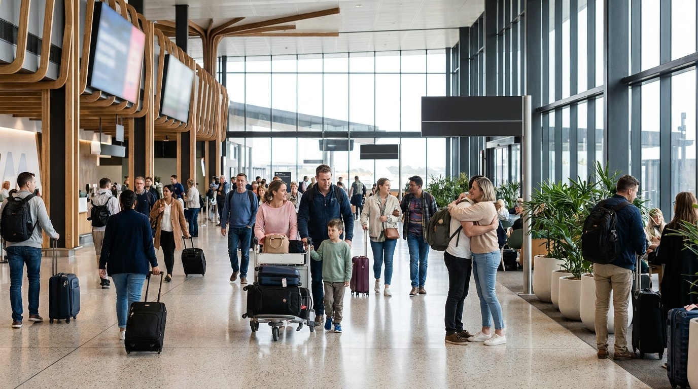 Travellers walking through a modern airport arrivals hall in Australia