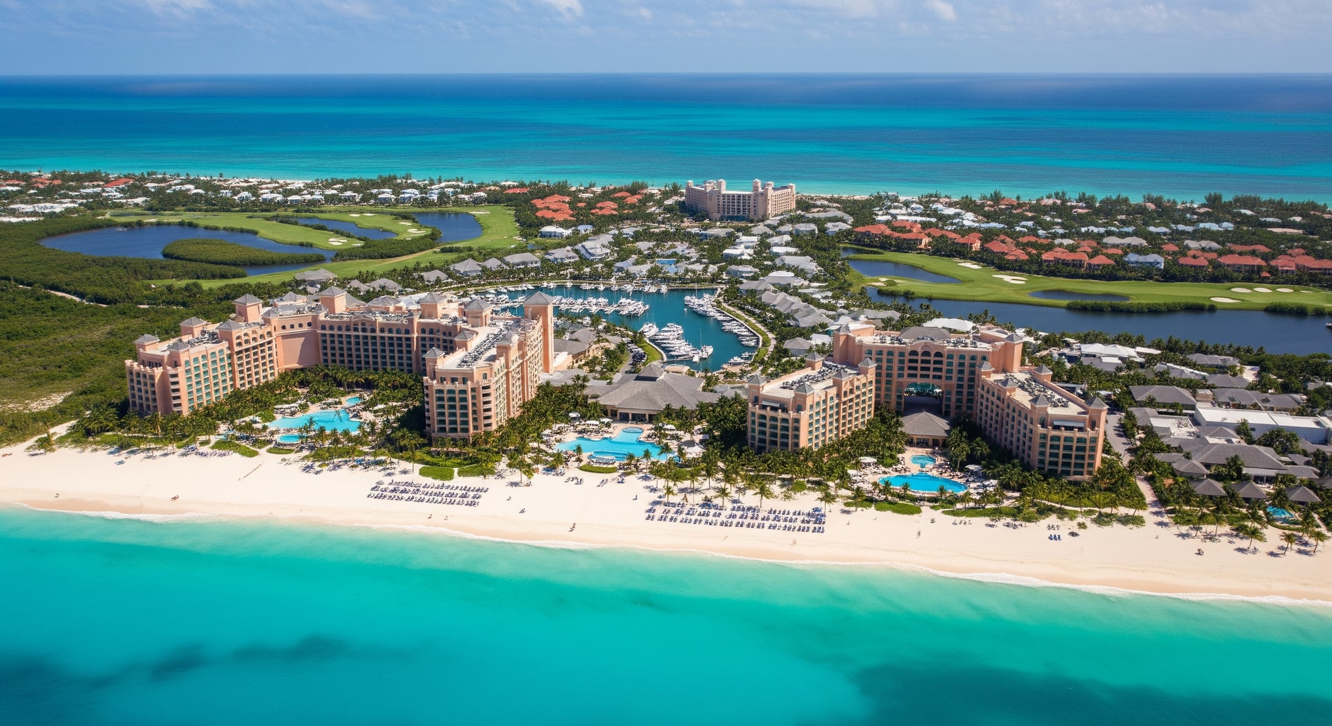 Aerial view of resort-lined beaches in The Bahamas