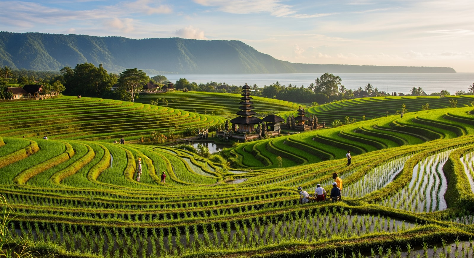 Bali rice terraces and temple with coastal backdrop showcasing natural beauty and cultural sites