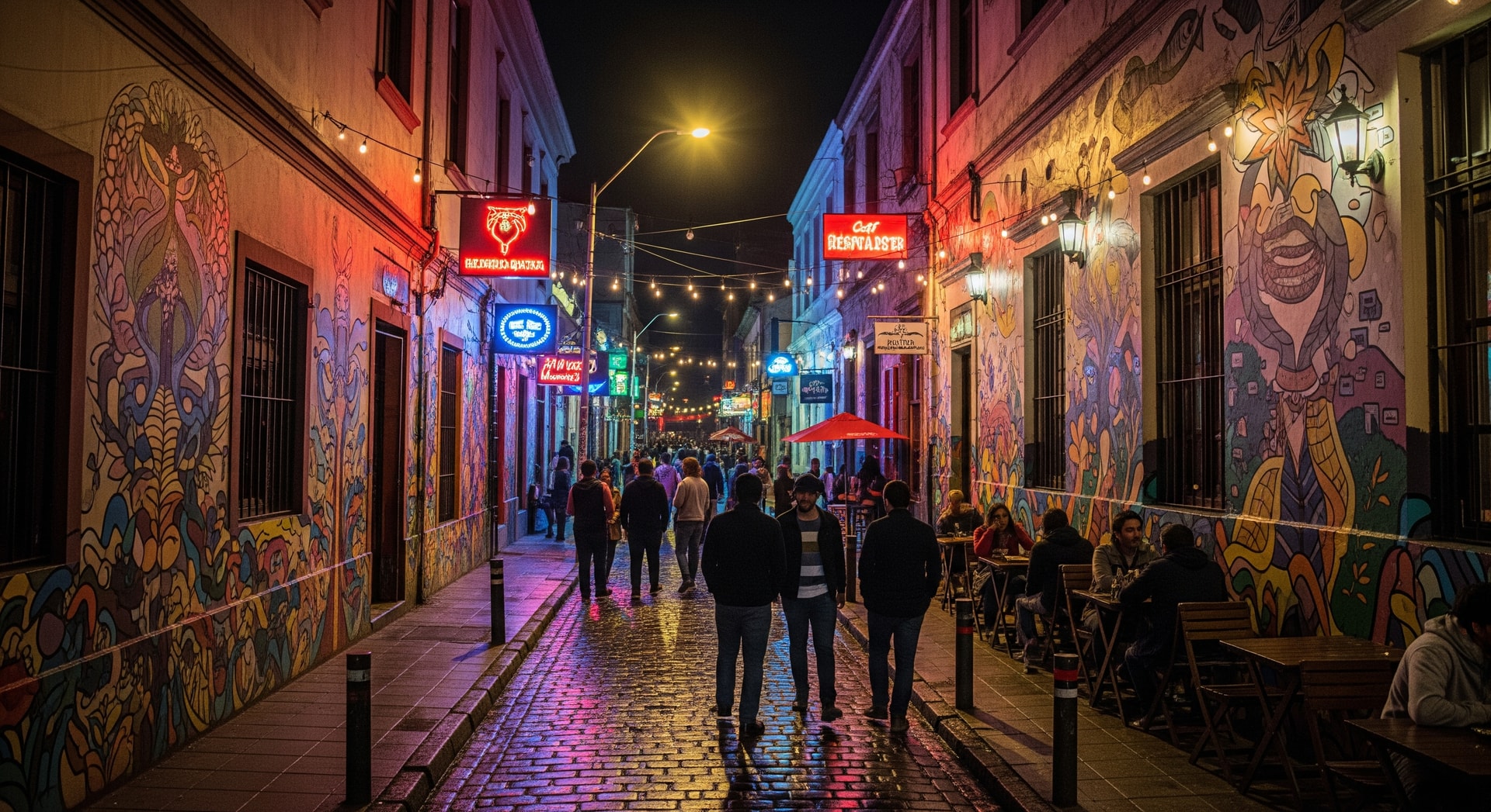 Colorful street murals and nightlife in Barrio Bellavista, Santiago, Chile