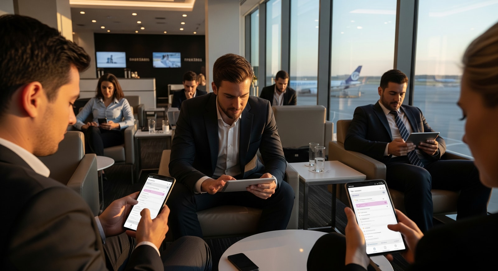 Business travelers using a corporate travel management app in an airport lounge, reflecting technology-driven business travel programs