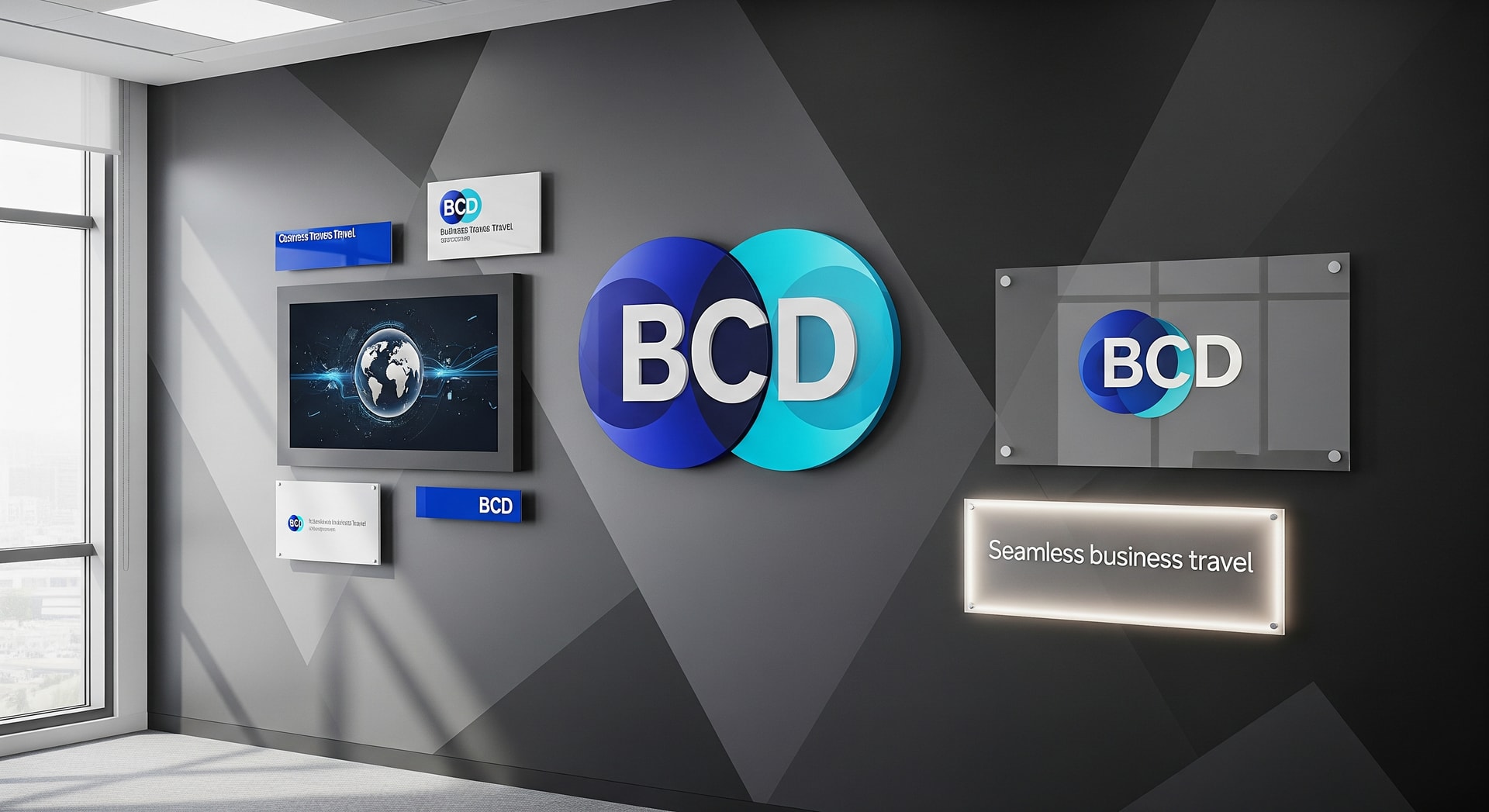 BCD corporate branding displayed on a modern office wall, representing a refreshed identity for business travel services