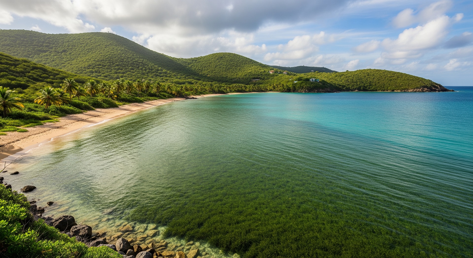 Coastal view of Brandywine Bay in the British Virgin Islands with shoreline and seagrass