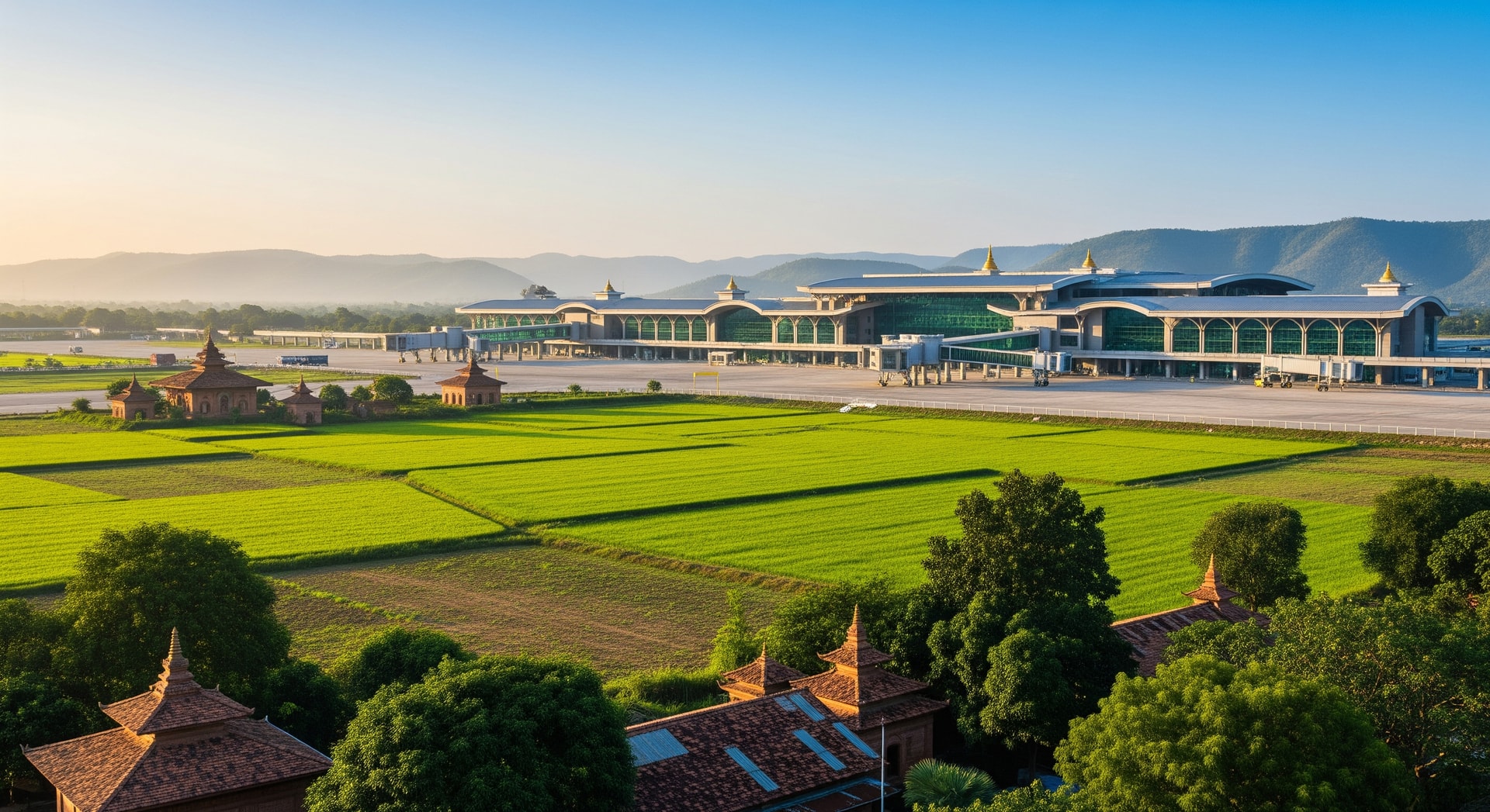 Gautam Buddha International Airport terminal with surrounding Lumbini landscape