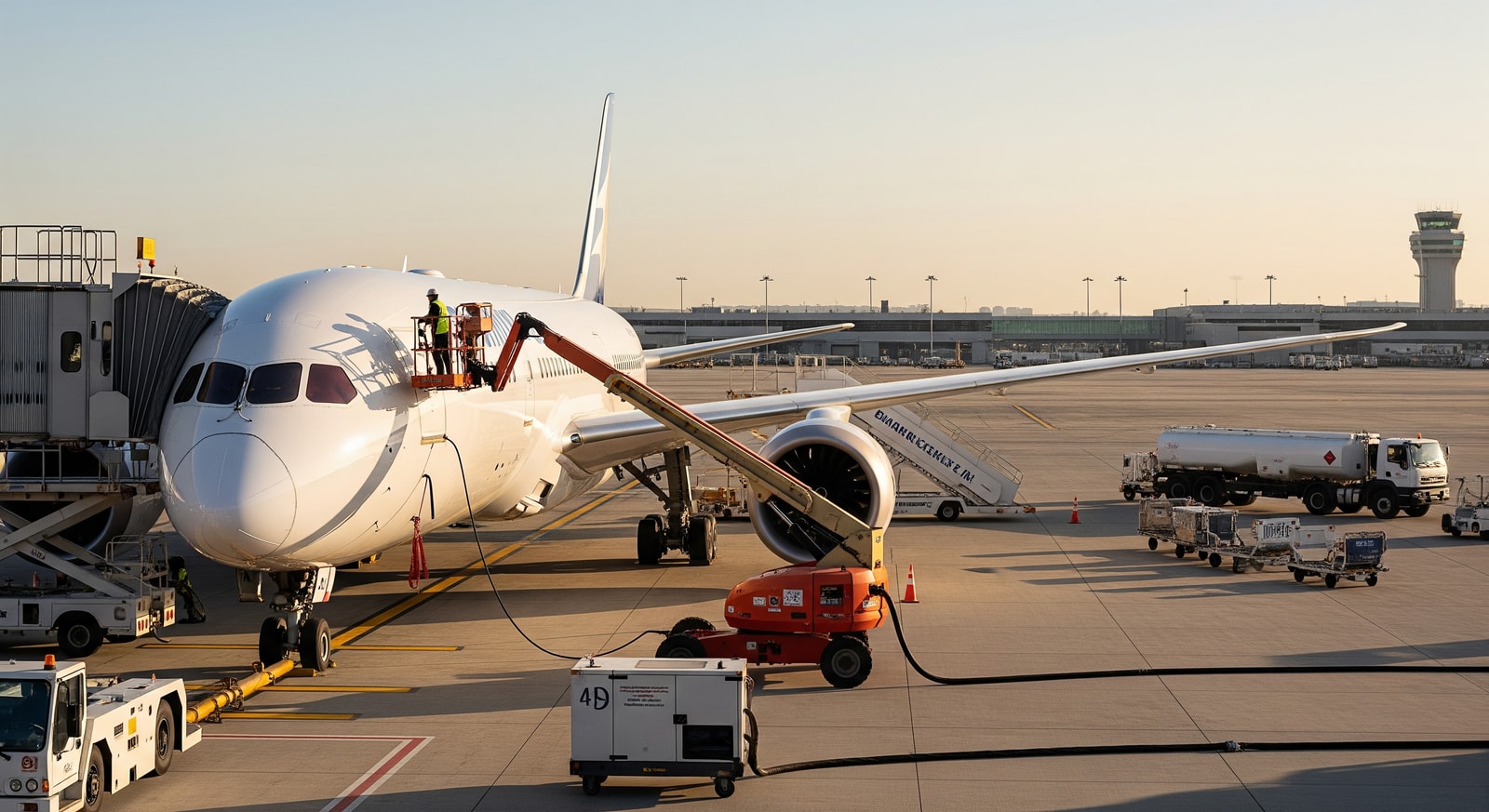 Grounded Boeing 787 Dreamliner at an airport gate with maintenance vehicles nearby