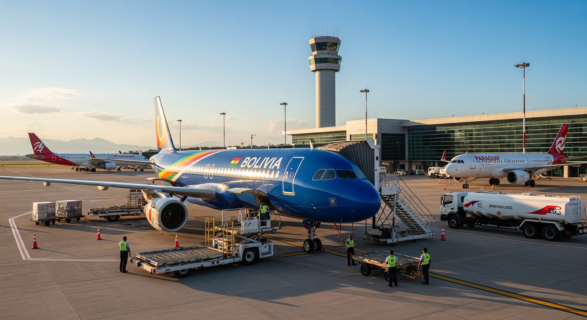 Commercial aircraft at an airport apron representing improved air links between Bolivia and Paraguay
