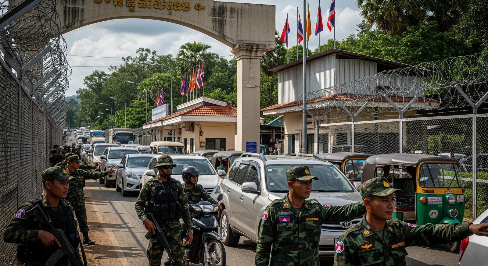 Border checkpoint area in Southeast Asia with security presence, reflecting Cambodia–Thailand border tensions affecting travel