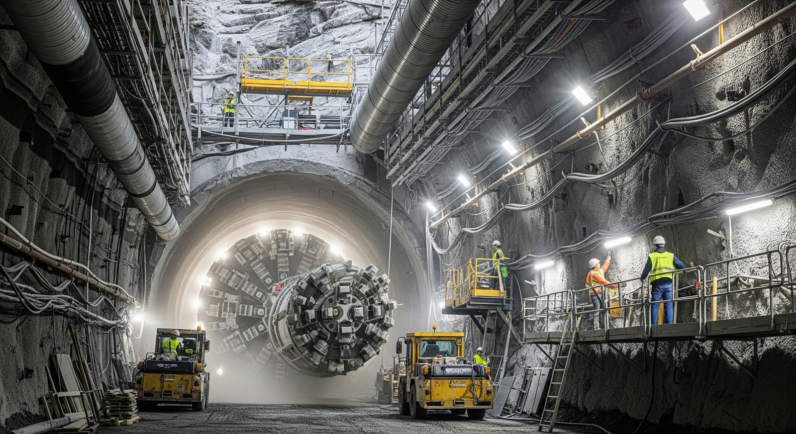 Tunnel construction site in the Alps showing machinery and support infrastructure for the Brenner Base Tunnel