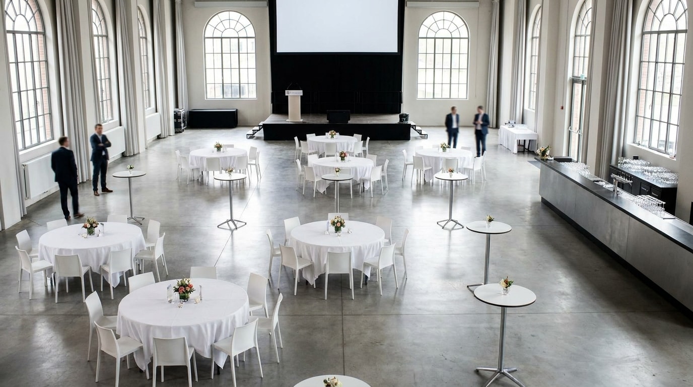 A large Brussels event space prepared for a professional networking reception