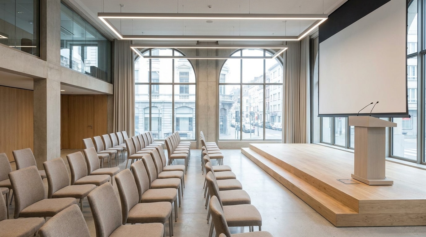 A contemporary Brussels event venue set up for a business conference with seating, lighting and presentation space