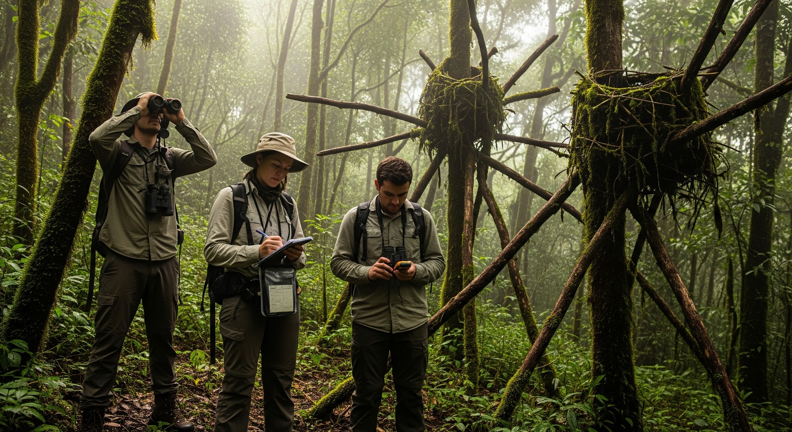 Researchers conducting a census survey in the forested slopes of Bwindi, Uganda, near chimpanzee nesting sites