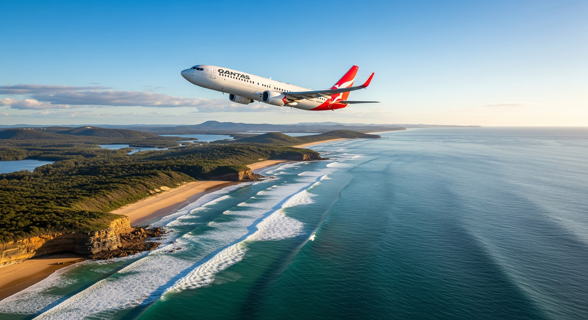 Qantas aircraft over an Australian coastline representing regional routes to Byron Bay and island destinations