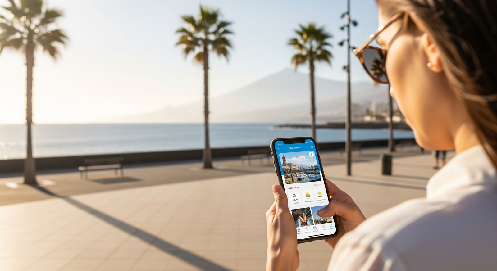 Tourist using a mobile travel app on a Tenerife promenade showcasing smart tourism and connectivity