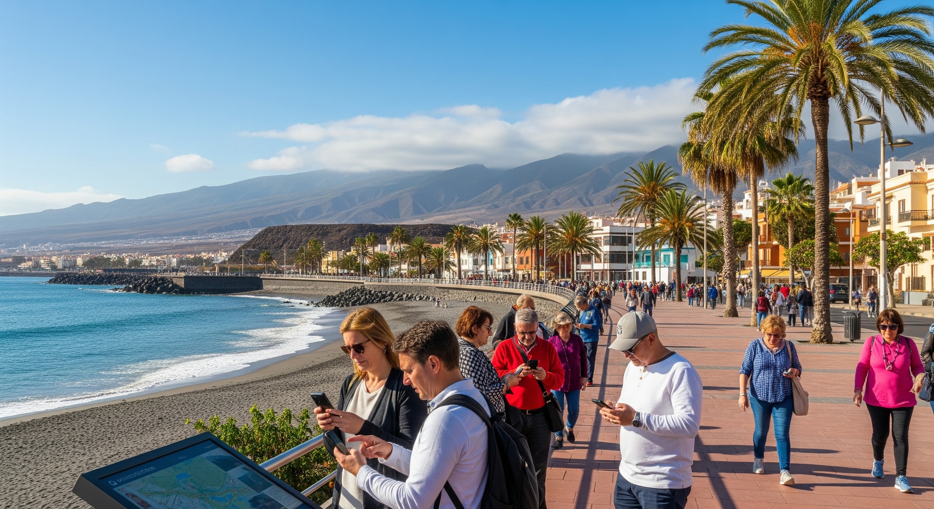 Tourists using mobile apps on a coastal promenade in the Canary Islands