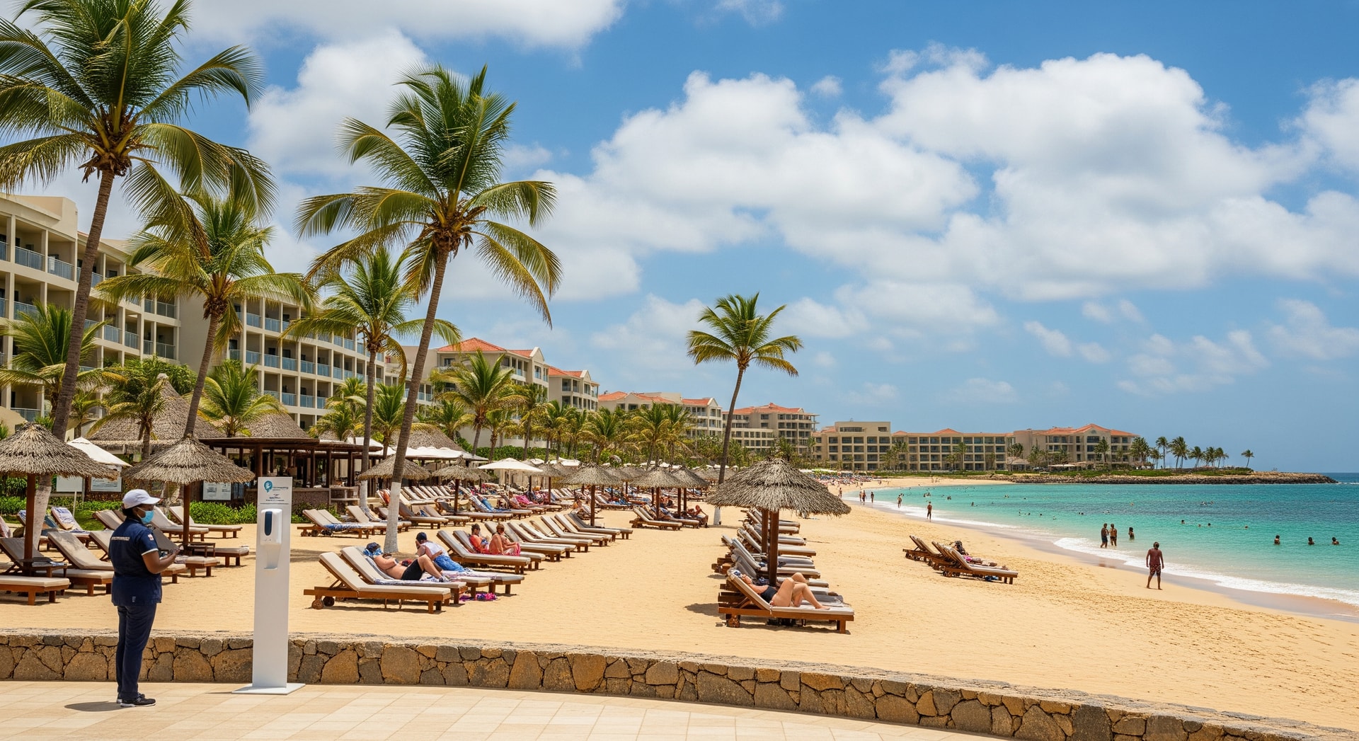 Beachfront resort in Cape Verde with tourists and local hotels, illustrating tourism context amid health concerns
