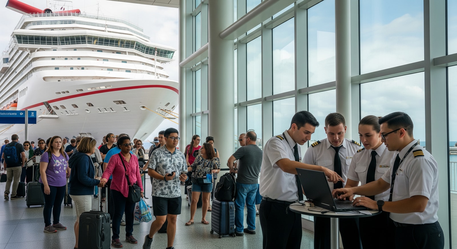 Passengers waiting to embark on a Carnival ship while crew address onboard IT systems