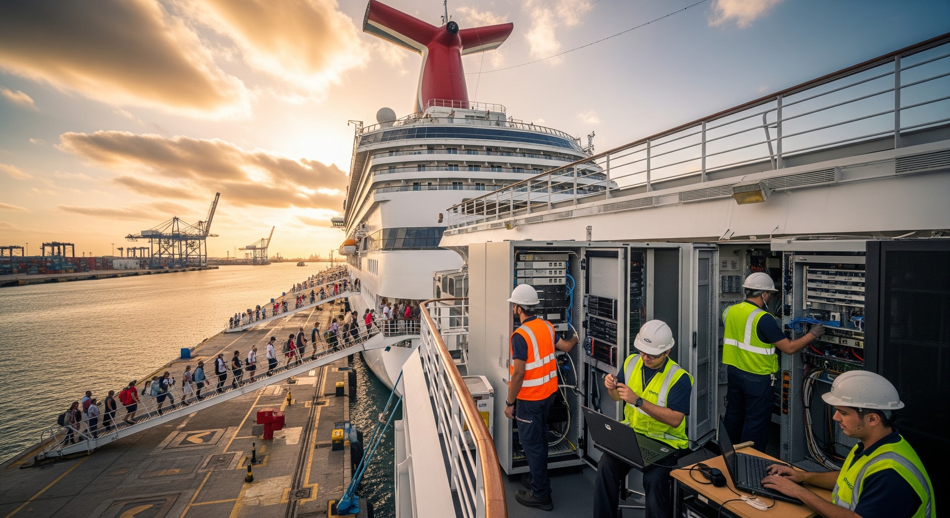 Carnival cruise ship at port with passengers embarking as technicians work on onboard IT systems