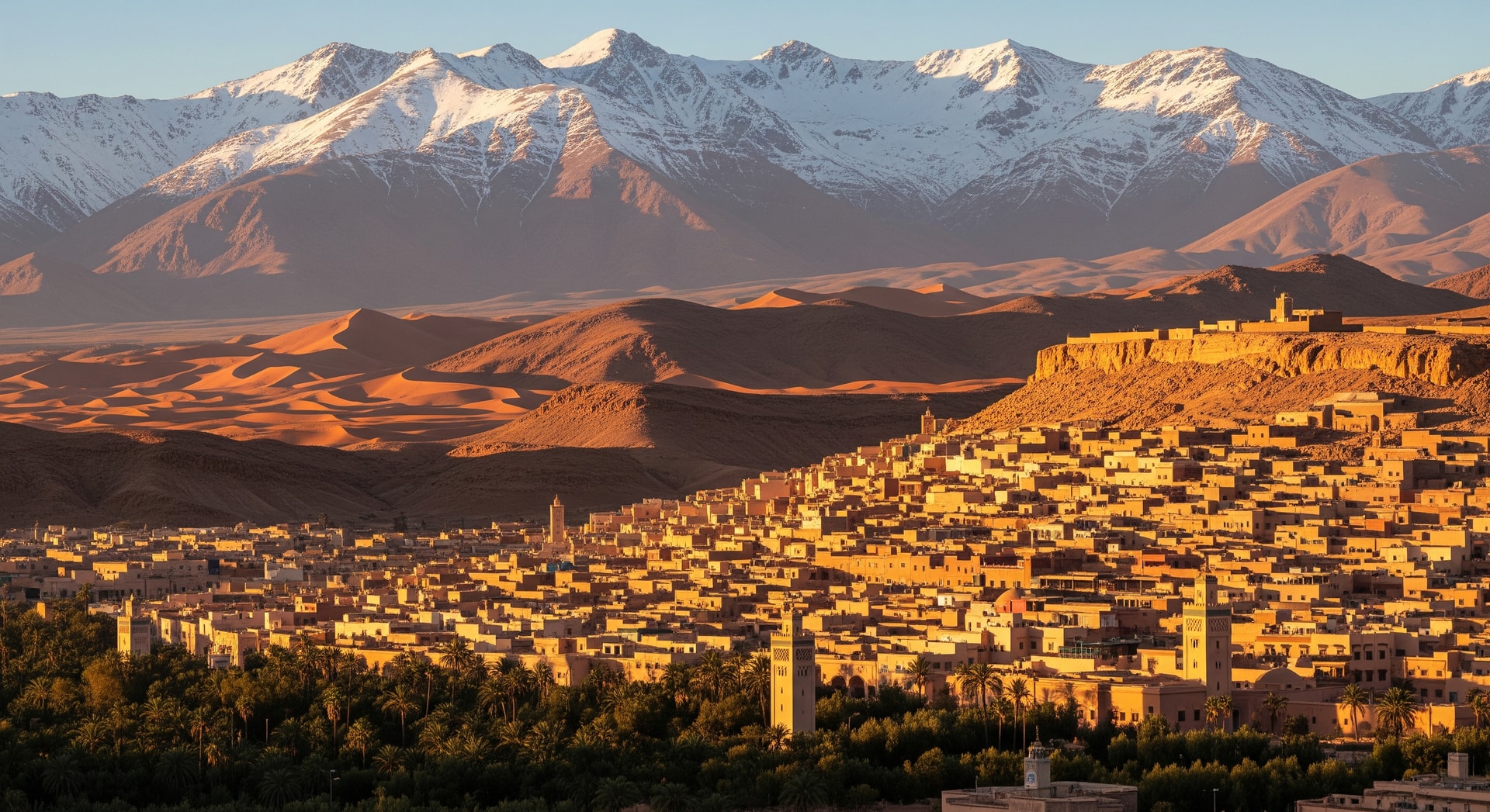 Scenic Moroccan landscape with Atlas Mountains, desert dunes and a colourful medina