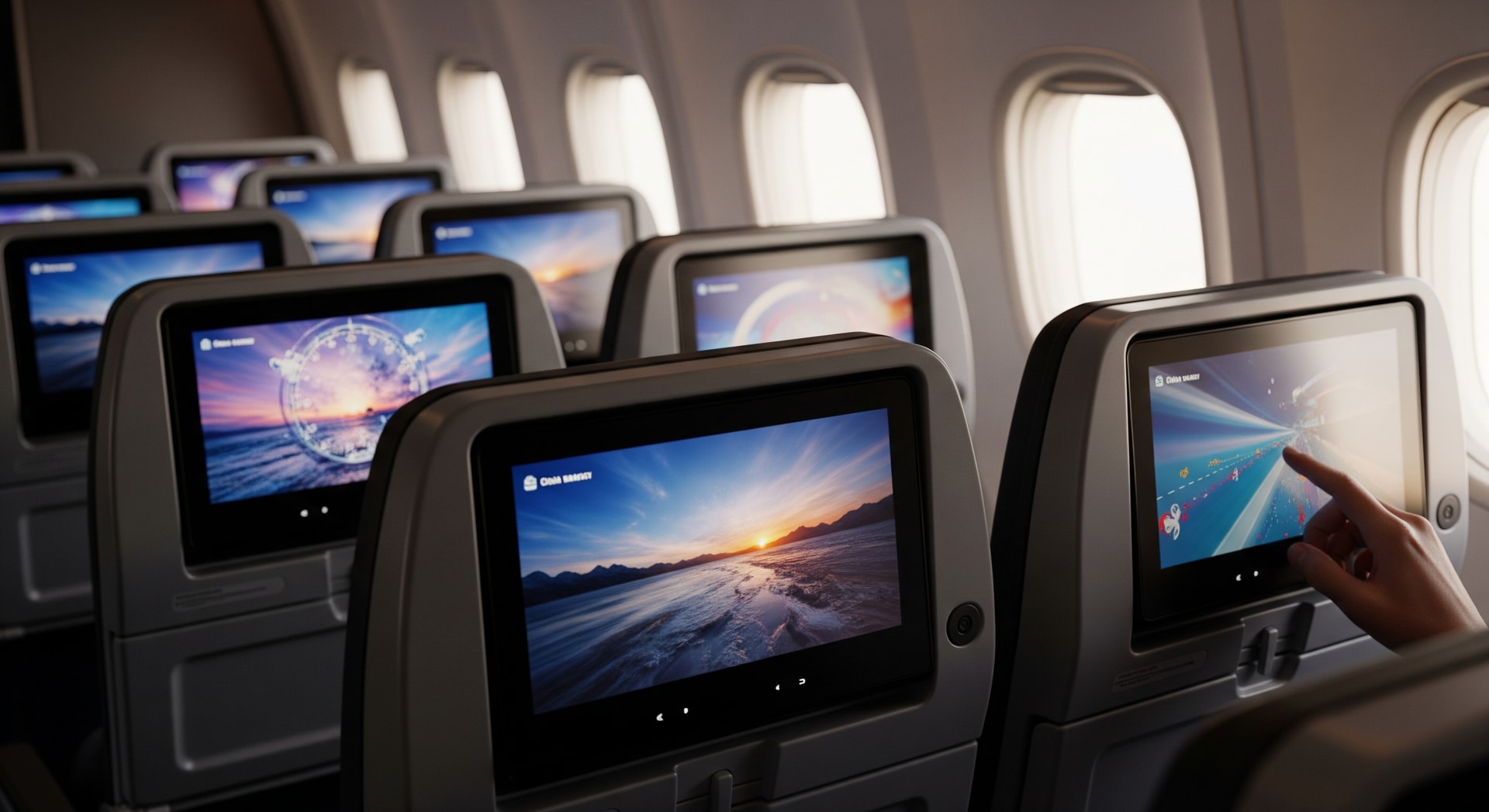 Passengers using in-flight entertainment screens on a China Airlines aircraft