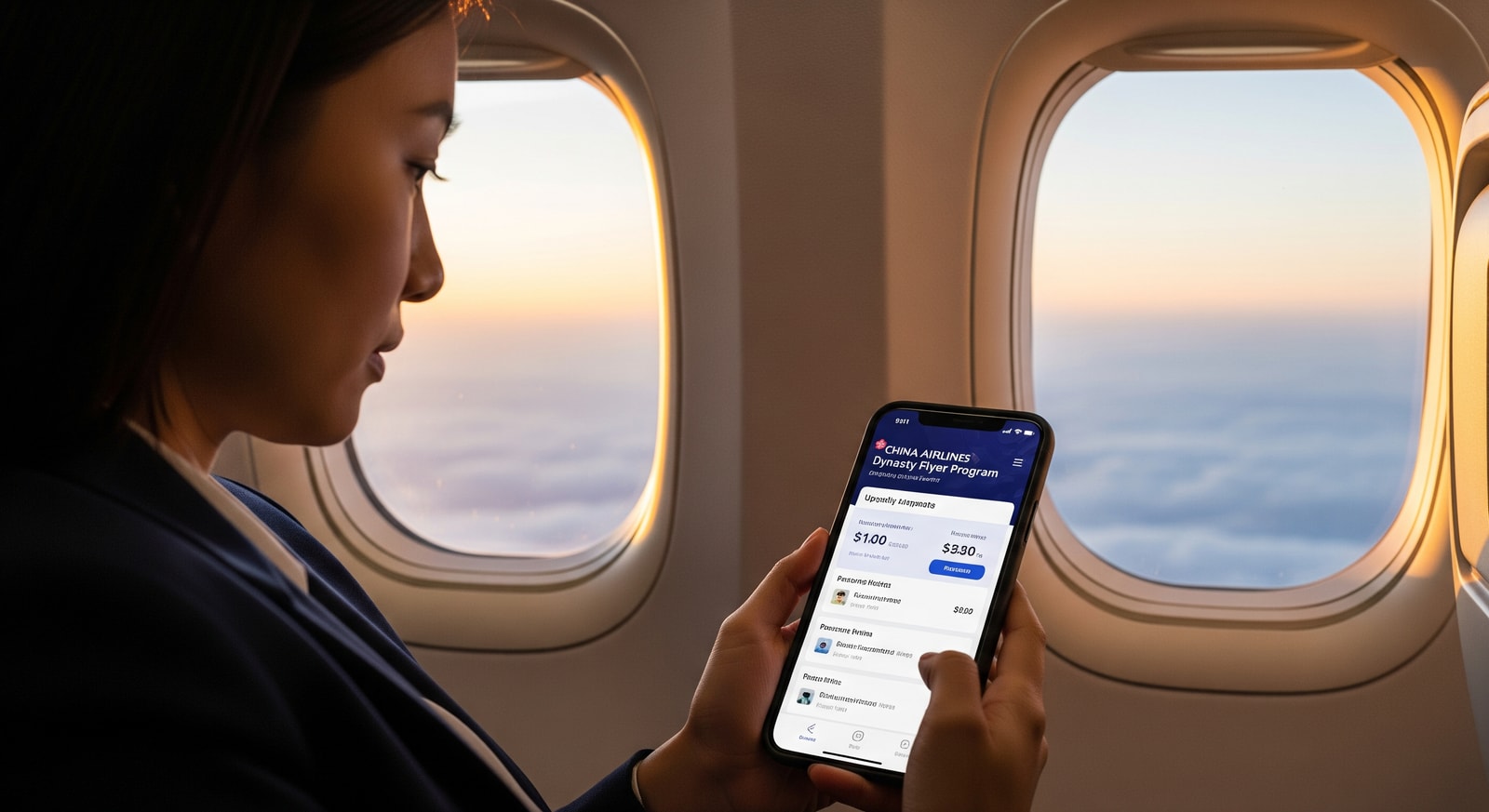 Passengers checking loyalty rewards on a mobile device — China Airlines Dynasty Flyer Program update