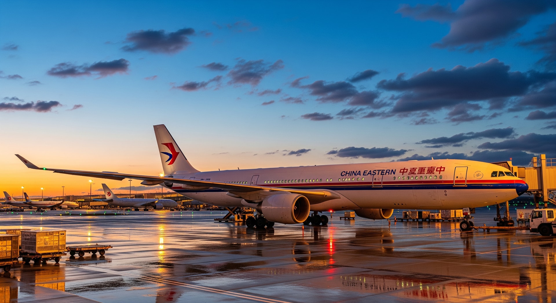 A China Eastern Airlines aircraft on an airport apron at dusk