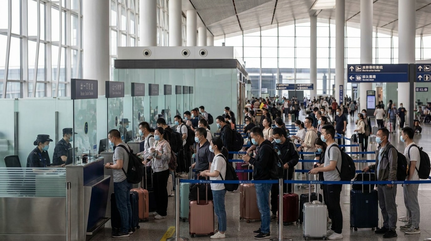 Passengers queueing at border control desks inside a Chinese international airport