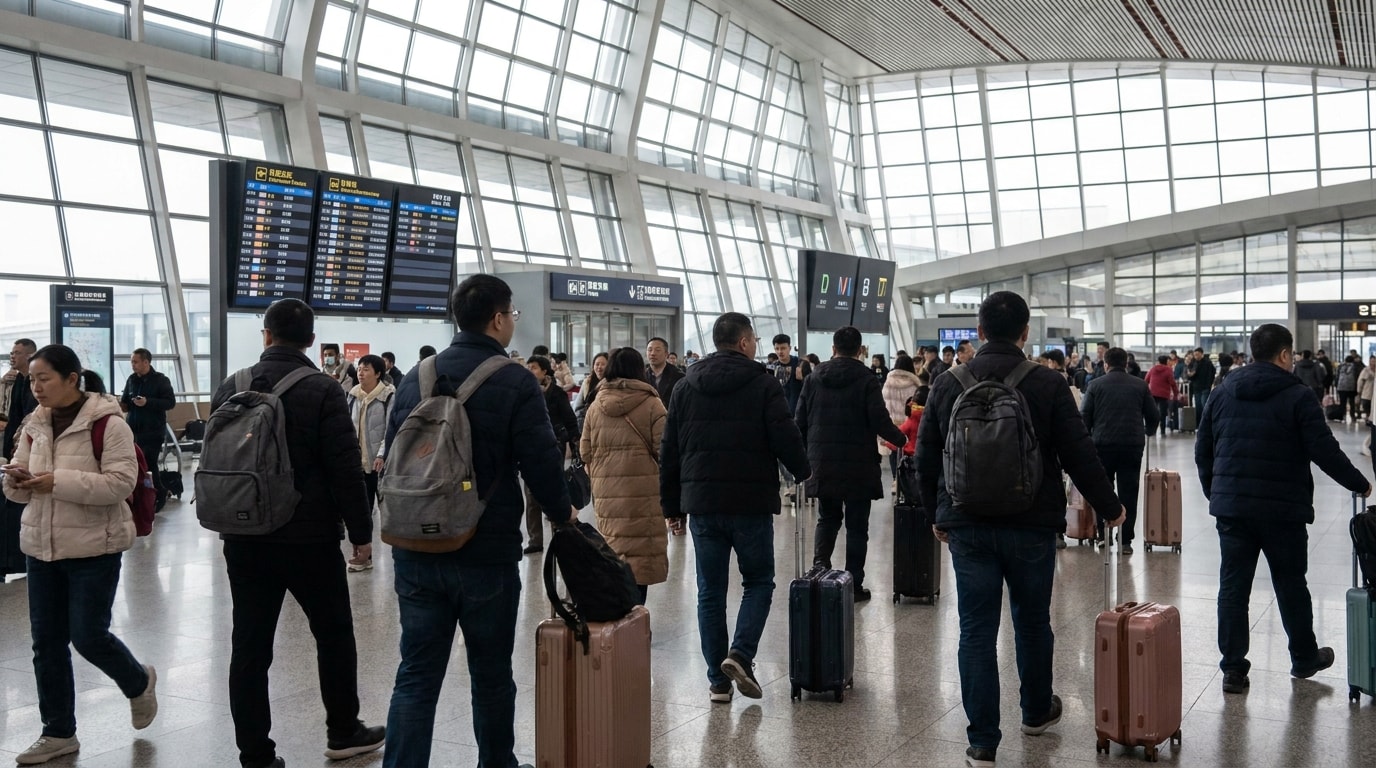 Travellers walking through an international airport departure hall in China