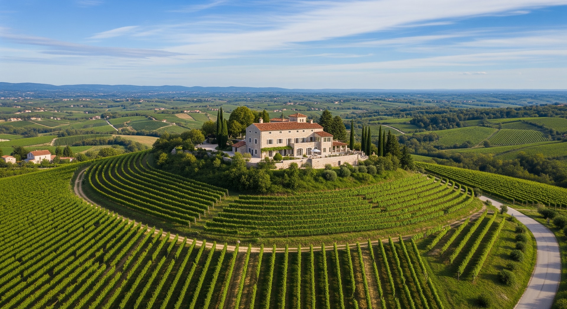 Aerial view of Villa Don Giordano on an Istrian hilltop surrounded by vineyards, illustrating luxury villa travel in Croatia