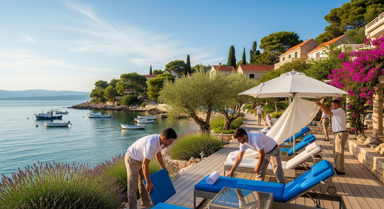 Seasonal hospitality staff preparing a waterfront Croatian resort ahead of the summer season