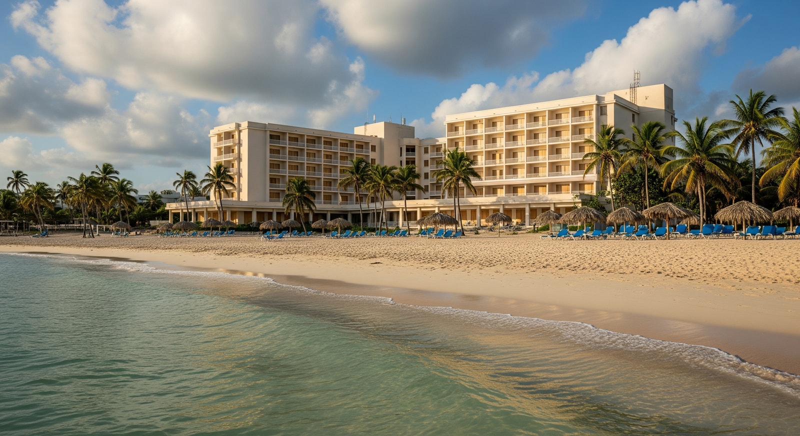 Closed Cuban resort with empty beach and shuttered hotel entrances during the tourism crisis