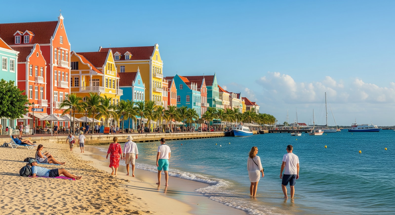 Willemstad waterfront and beach in Curaçao with tourists and colorful colonial architecture
