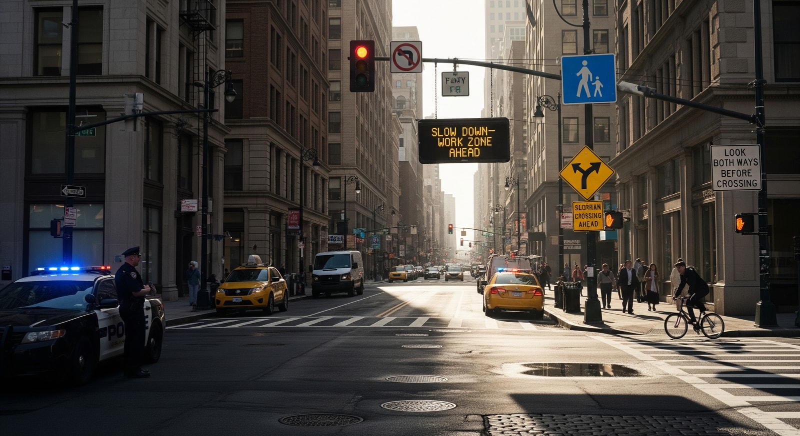 Street scene in an urban US city with police presence and travel safety signage