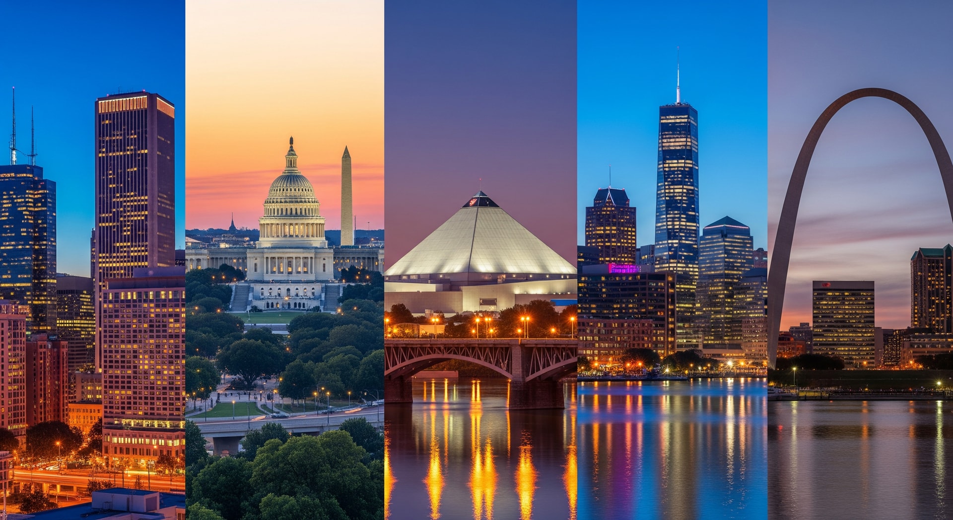Skyline collage of Chicago, Washington D.C., Memphis, Baltimore and St. Louis highlighting travel safety concerns