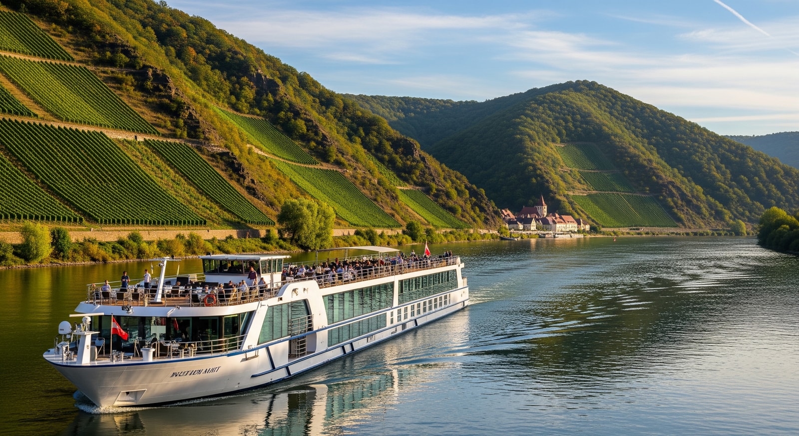 A luxury river cruise ship on the Danube near vineyard-covered hills, illustrating Danube river cruise tourism