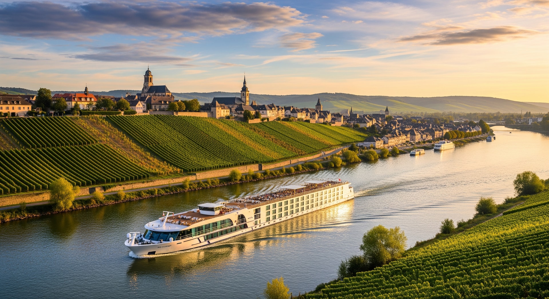 A river cruise ship sailing past vineyards and historic towns along a European river