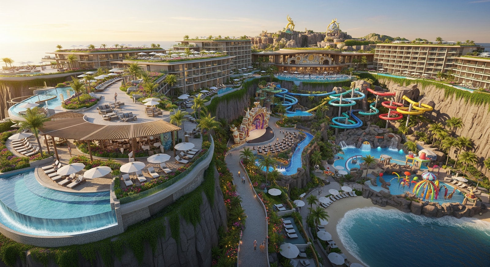 Concept illustration of a clifftop family resort at AIDA with waterpark and themed entertainment facilities