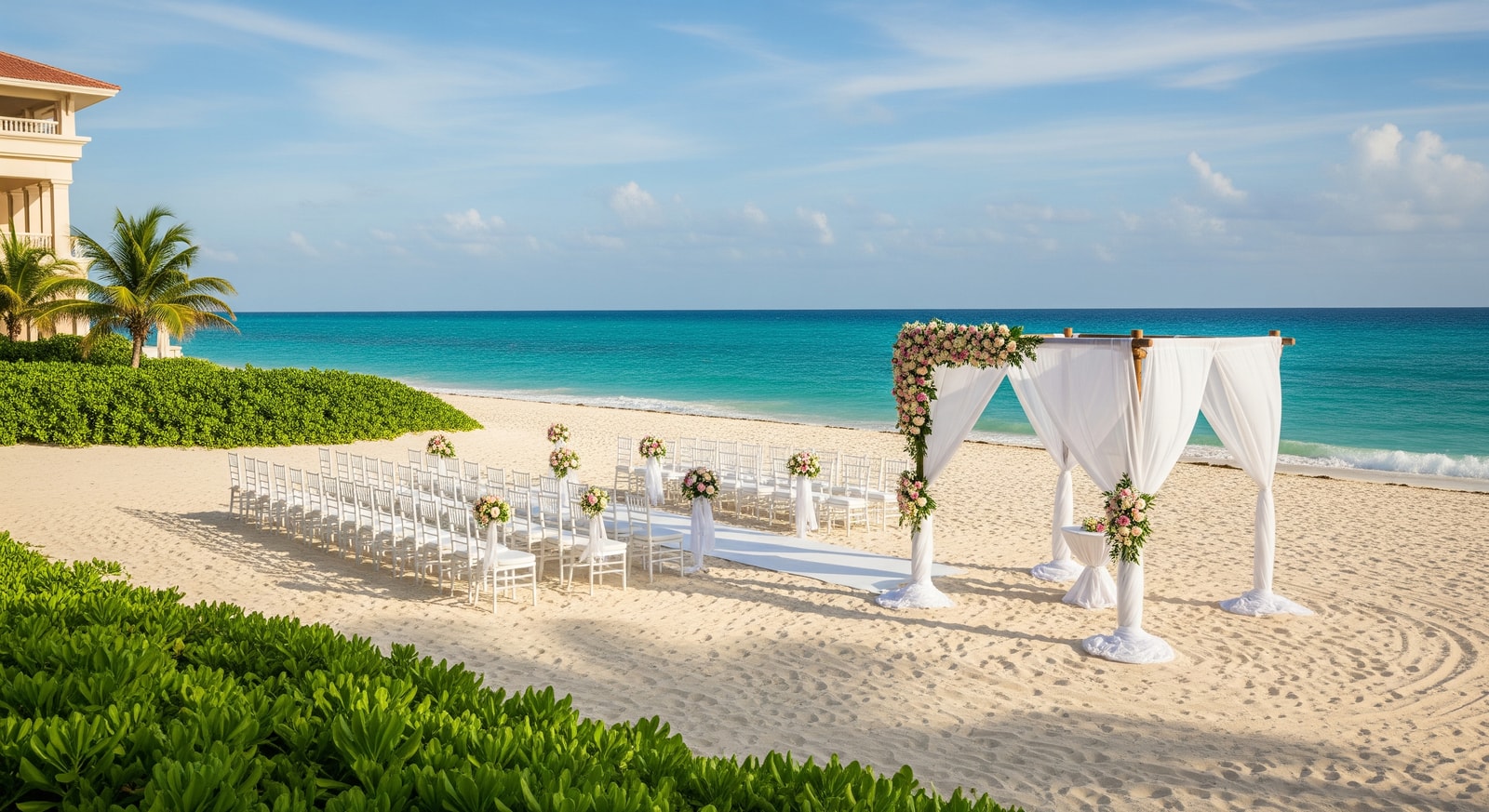 A beachfront wedding setup at a luxury Paradisus resort in the Caribbean
