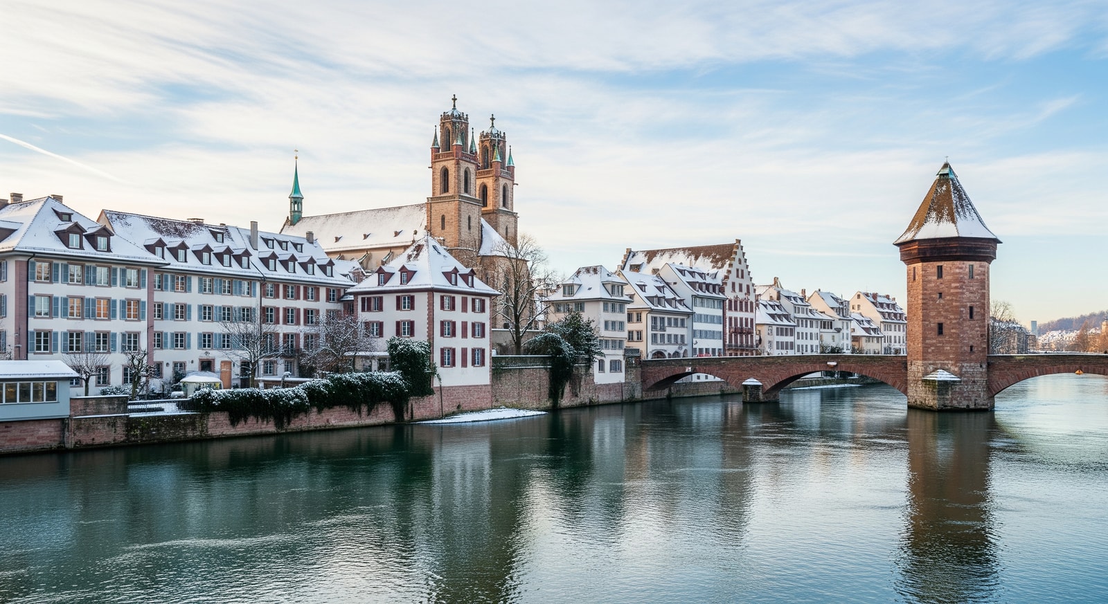 Snow-dusted historic buildings and the Rhine river in Basel's old town