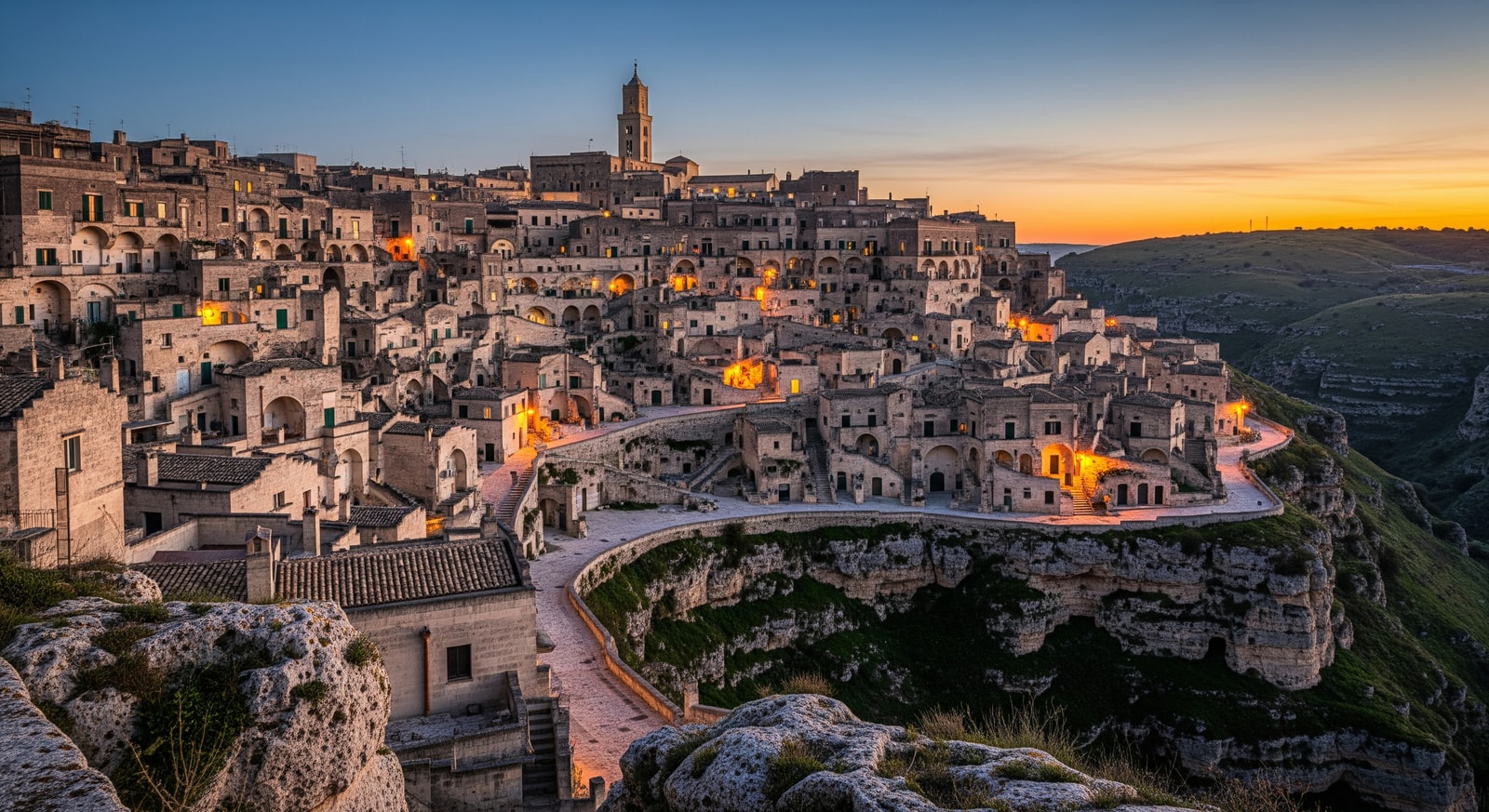 Panoramic view of Matera’s Sassi district, showcasing cave homes and stone buildings in Basilicata, Italy