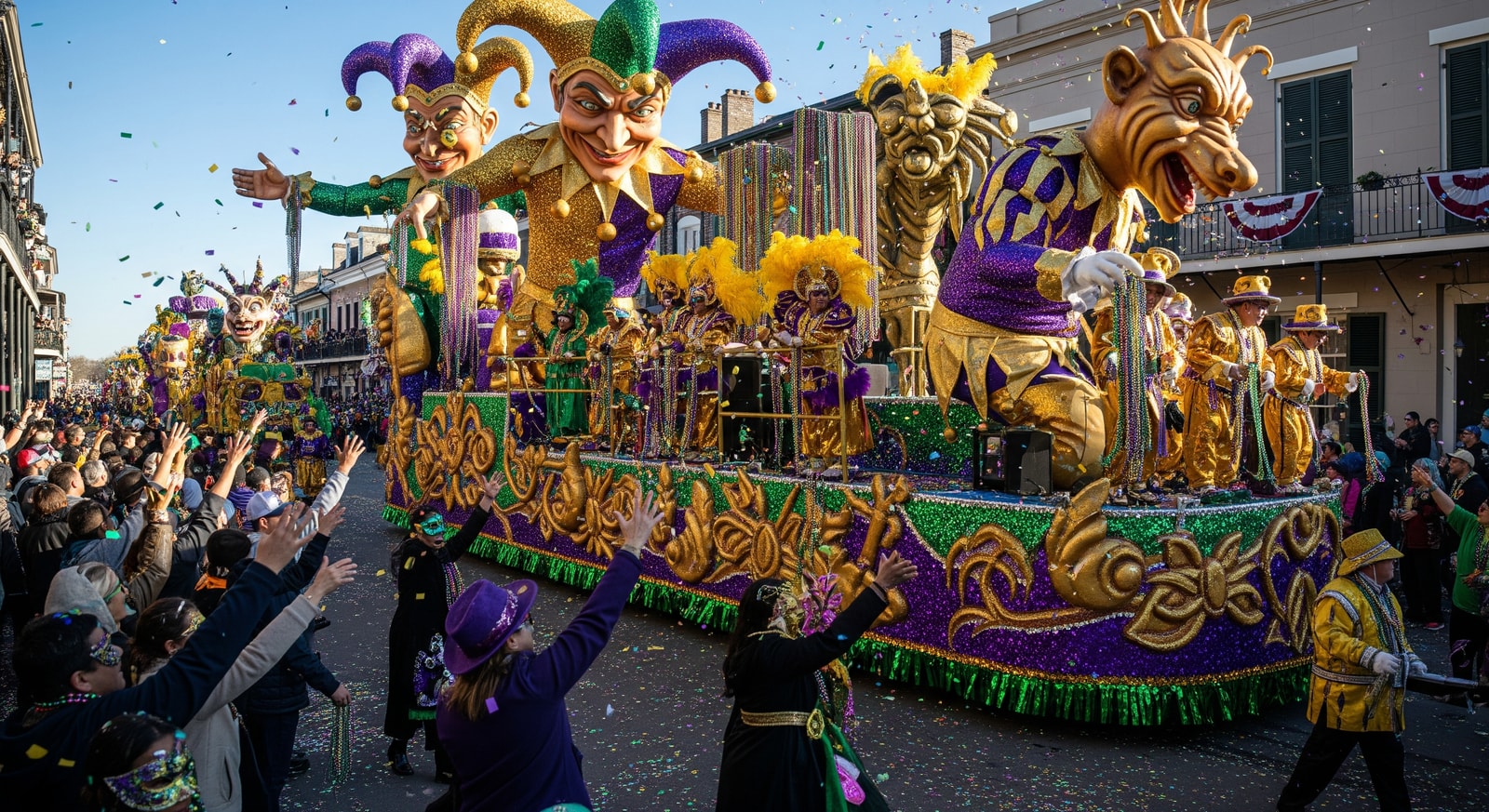 Mardi Gras parade float and revelers in New Orleans during Carnival season, showcasing vibrant costumes and crowds