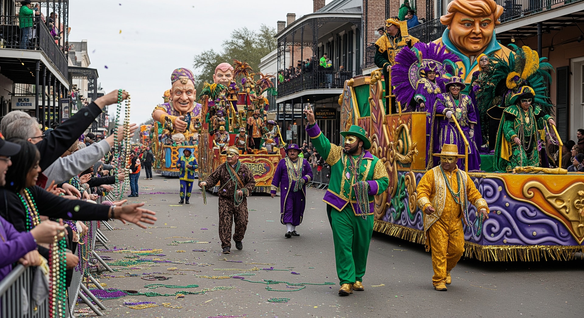 Crowds along a New Orleans parade route during Mardi Gras with floats and costumed revelers