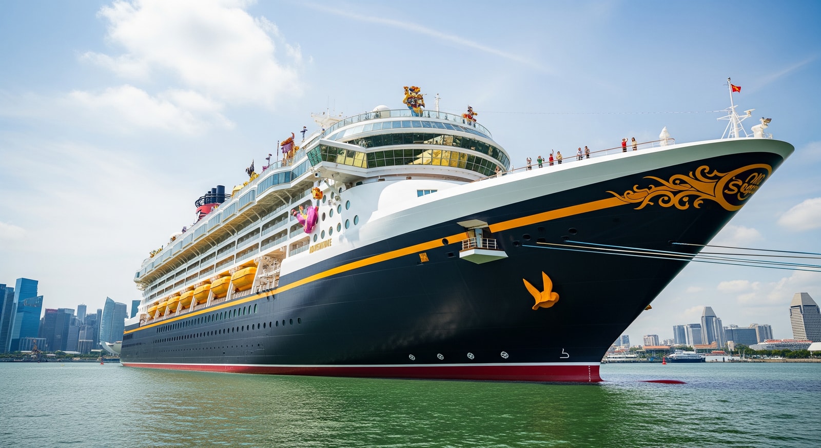 Disney Adventure cruise ship in Singapore with themed decks and family activities visible on board