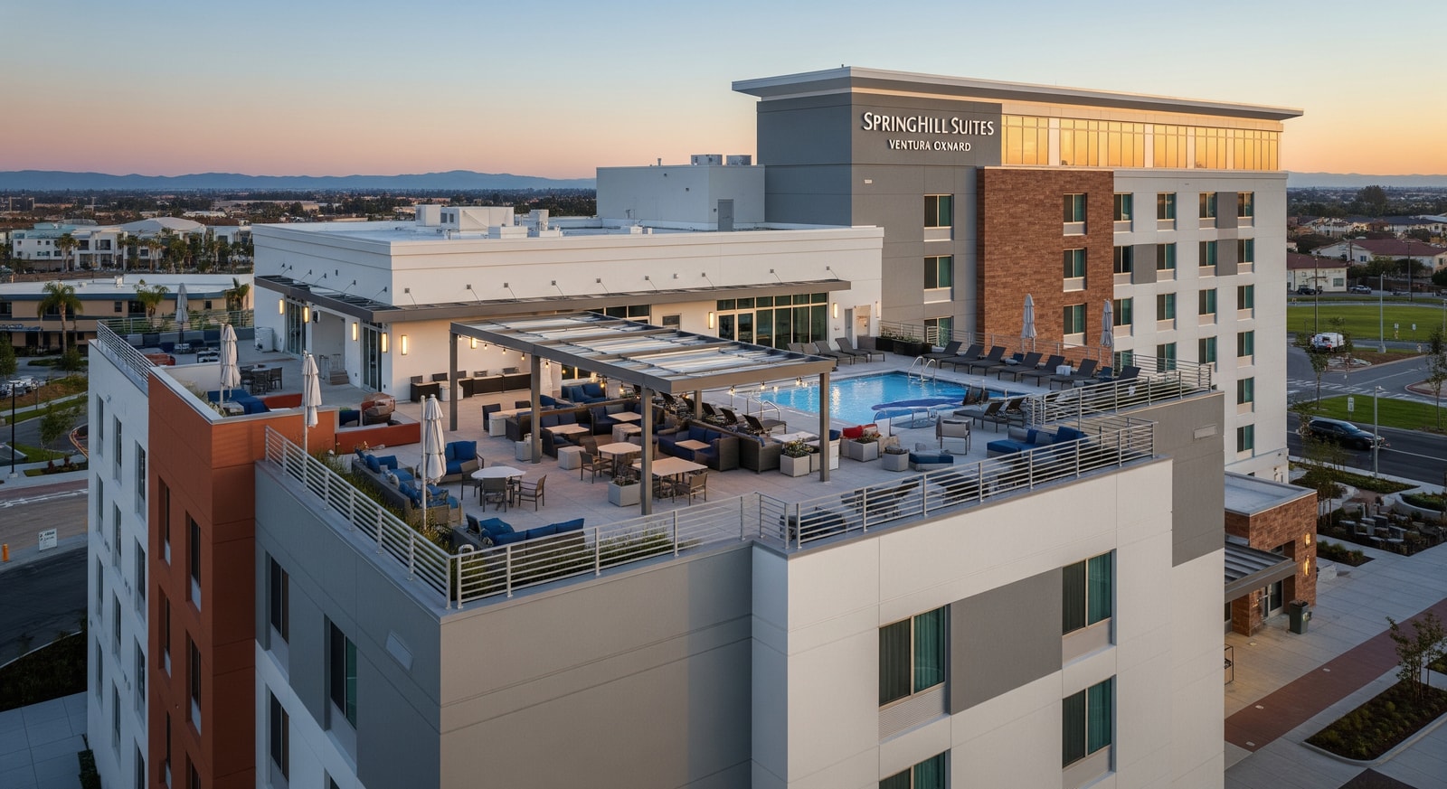 Rooftop concept and exterior of SpringHill Suites Ventura Oxnard near RiverPark