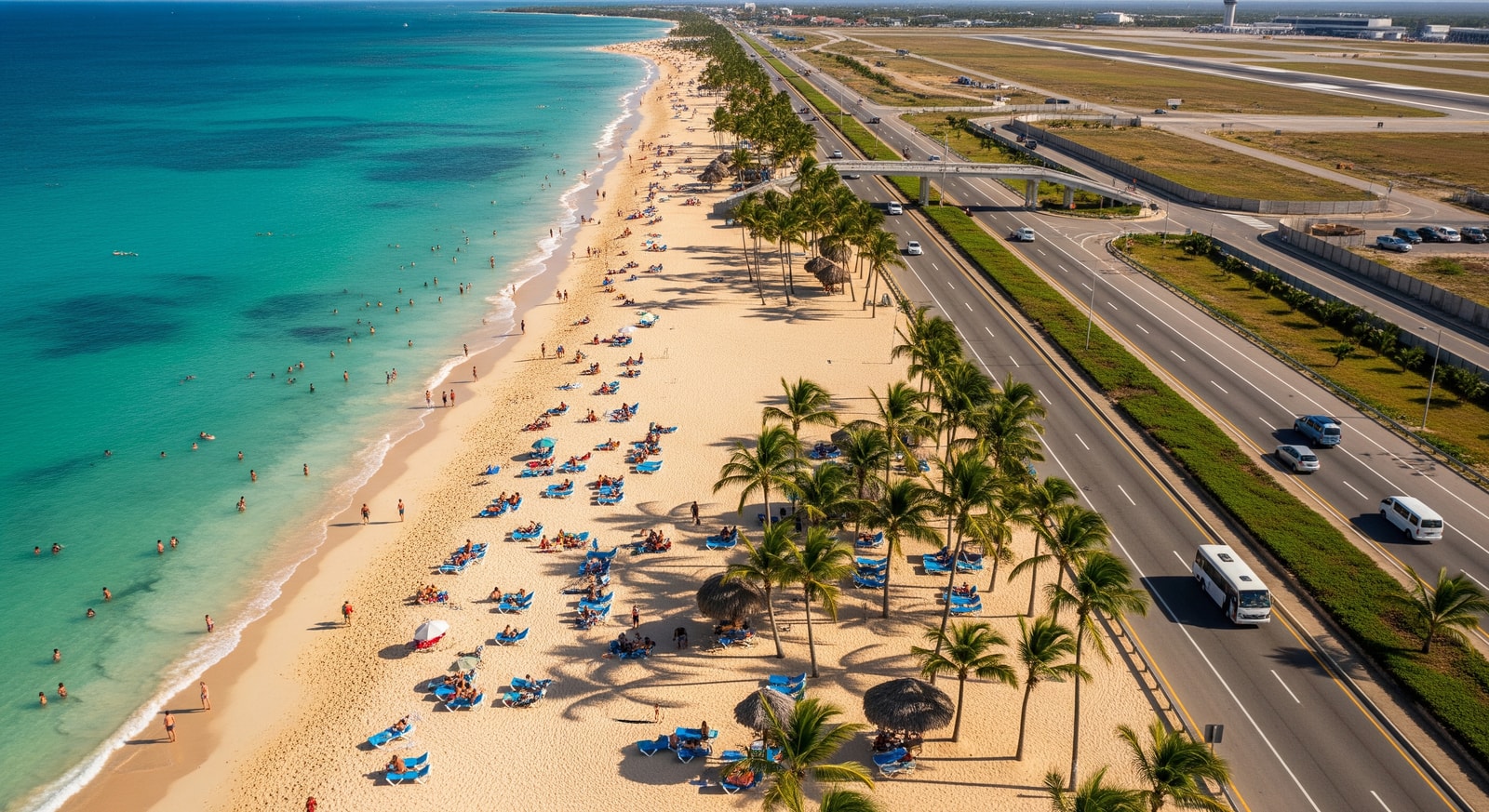 Punta Cana beach with tourists and airport access roads, illustrating Dominican Republic tourism